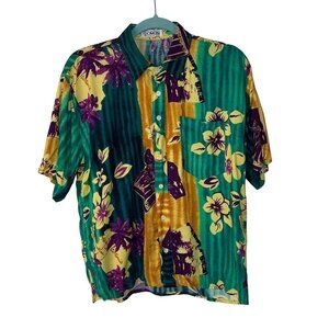 Domon Produce By Rope Vintage 90s Mens Shirt Size Medium Purple Green Gold Rayon